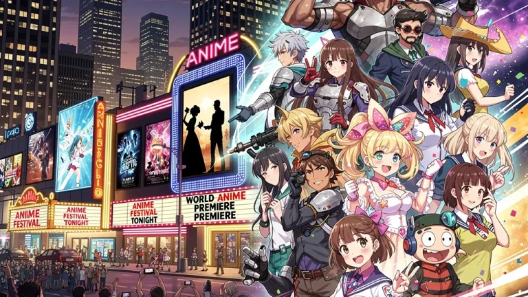 Anime characters in a vibrant US city, symbolizing cultural impact and box office success.