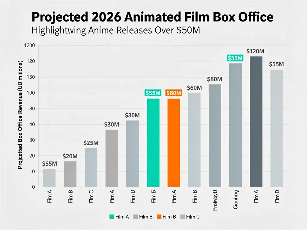 Illustrative chart exploring anime box office projections for 2026; figures require independent verification