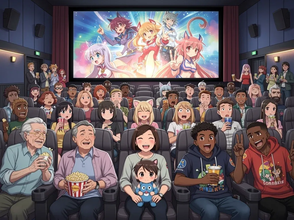 Diverse audience watching an animated film in a movie theater