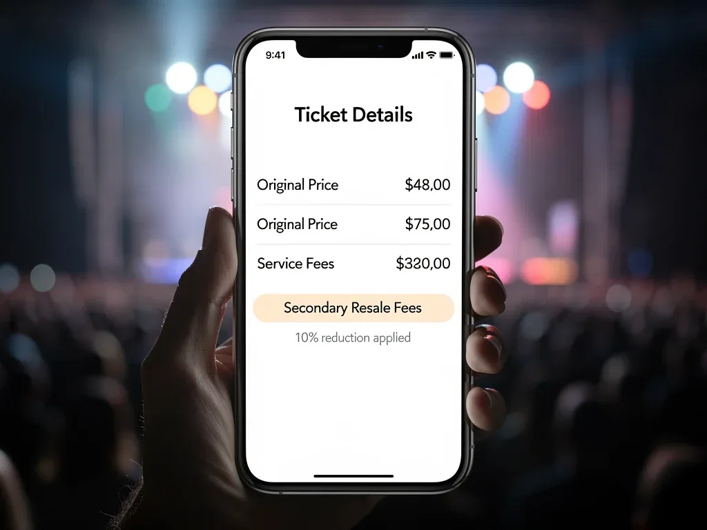 Smartphone displaying a concert ticket with transparent fee breakdown, reflecting new disclosure rules.