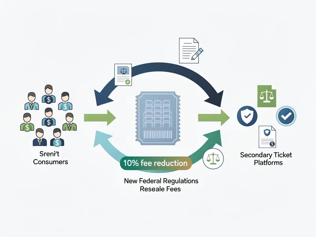 Infographic showing money flow in secondary ticket market with 10% fee reduction from federal rules.