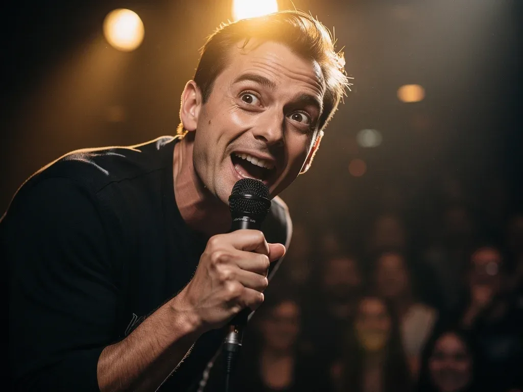 Comedian on stage delivering a punchline to an engaged audience