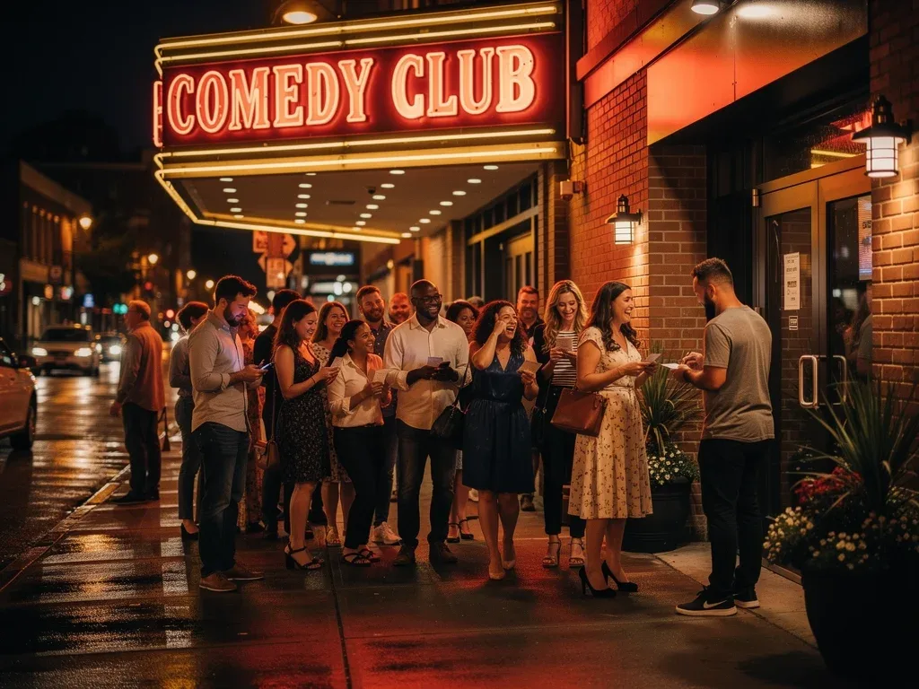 Audience members queuing outside a historic comedy club for a show