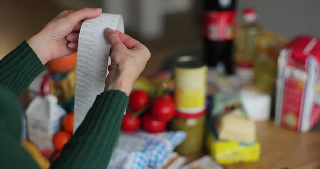 A close-up of a grocery store receipt with high prices circled, juxtaposed against a worried shopper's face, highlighting the impact of inflation on everyday expenses.