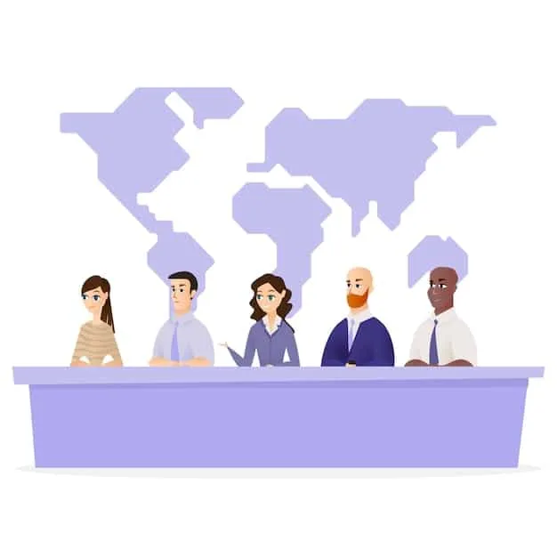 A depiction of negotiators from different countries sitting around a table at a WTO summit, discussing proposed changes to trade agreements.