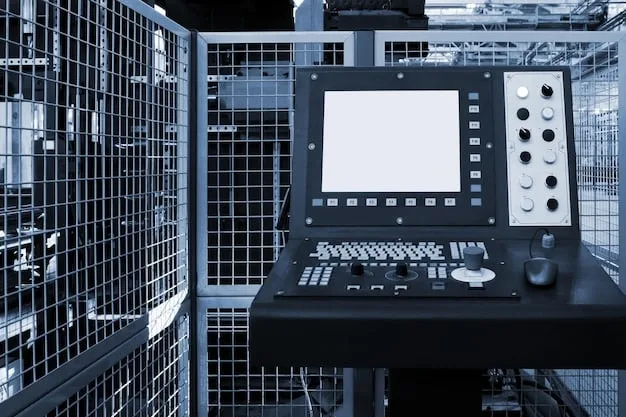A control room in a manufacturing facility with large screens displaying real-time data and analytics on the performance of automated systems. Engineers are monitoring the screens and making adjustments as needed. The scene conveys a sense of control and optimization.