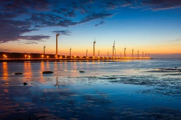 A panoramic view of a large offshore wind farm with floating turbines in the ocean during sunset, showcasing the potential for clean energy generation.