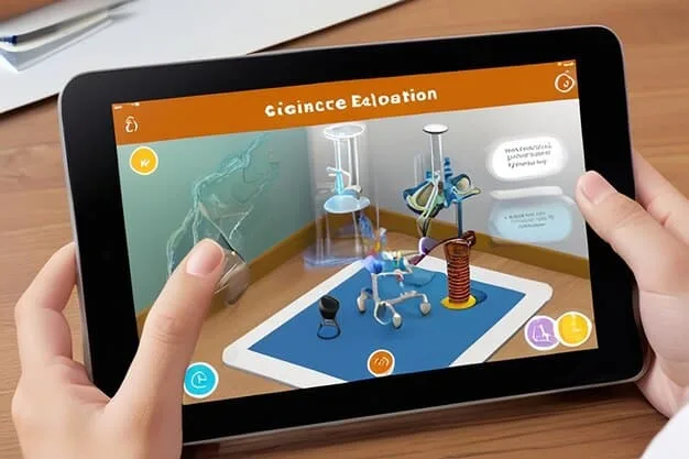 A teacher using an AR application on a tablet to teach a science lesson, with digital models of molecules overlaid on real-world objects. The setting is a typical classroom, emphasizing the practicality and integration of AR in daily teaching.