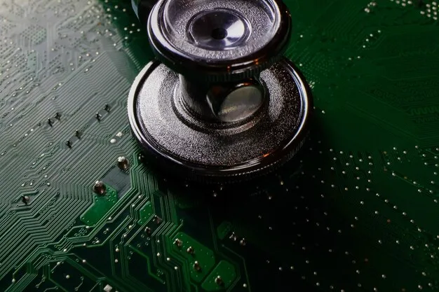 A digital gavel striking down on a circuit board, representing the regulatory power of the FCC over AI technology.
