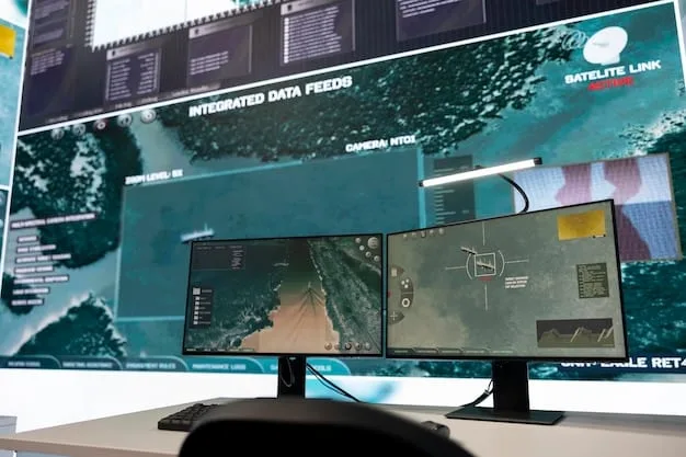 A high-tech surveillance system with multiple screens displaying real-time footage of the U.S.-Mexico border, showing drones, cameras, and border patrol agents monitoring the area.