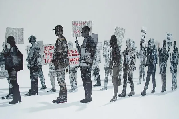 A split-screen image showing two groups of protesters with opposing viewpoints, separated by a police barricade. The image emphasizes the deep political polarization in American society and the lack of common ground.