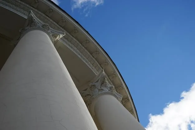 A close-up of the Supreme Court building facade, emphasizing the pillars and architectural details, with a subtle filter to convey seriousness and authority.