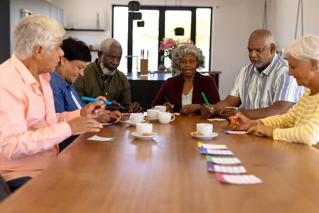 A diverse group of senior citizens gathered around a table, reviewing financial documents and discussing concerns about Social Security. The atmosphere is thoughtful and engaged.