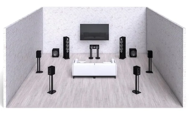 A diagram illustrating the ideal speaker placement in a home theater setup, including front, center, and surround speakers, along with subwoofer location, to optimize sound quality.