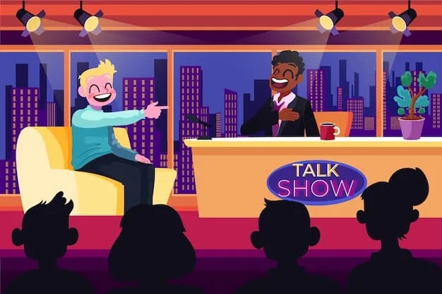 A comedian performing on a brightly lit stage with a large screen behind him displaying humorous graphics and animations related to his jokes. The audience is fully engaged and laughing.