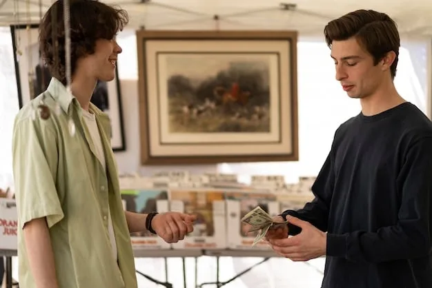 A close-up shot showcasing hands exchanging money for a piece of artwork in a local art fair in Austin, Texas, signifying a direct transaction that supports a local artist. The artist's booth, filled with colorful paintings and sculptures, provides a vibrant backdrop. The focus is on the positive interaction and immediate economic support.