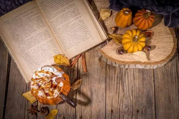 A stack of hardcover books with colorful spines arranged on a rustic wooden table. The books are surrounded by fall-themed decorations like pumpkins and leaves, creating a warm, autumnal atmosphere.