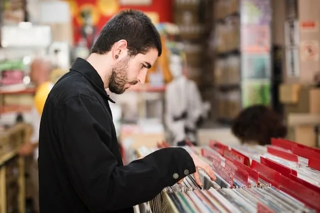 A person browsing through a crate of vinyl records at a record store, with shelves of records lining the walls in the background. The scene is warmly lit and inviting, capturing the sense of discovery and community associated with record stores.