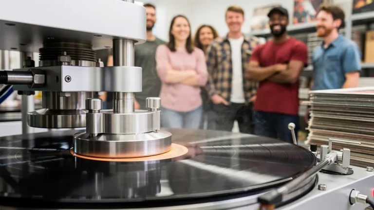 Vinyl record being pressed with indie artists observing, symbolizing production stabilization
