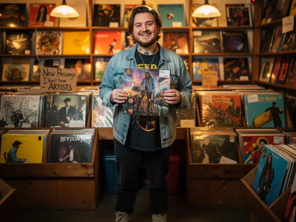 Independent artist holding a vinyl record during a physical music release