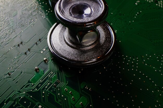 A digital gavel striking down on a circuit board, representing the regulatory power of the FCC over AI technology.