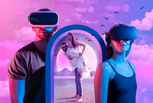 A graphic illustrating the convergence of augmented reality (AR), virtual reality (VR), blockchain technology, and artificial intelligence (AI) as the key technological drivers behind the metaverse's growth, with visual representations of each technology seamlessly integrating into a futuristic digital landscape.