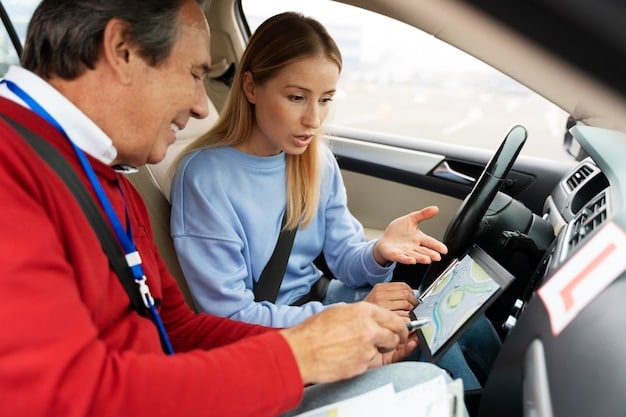 A human driver interacting with the autonomous driving system of a car. The driver is monitoring the system and is ready to take control if needed. The car is driving on a highway, and other cars are visible in the background.