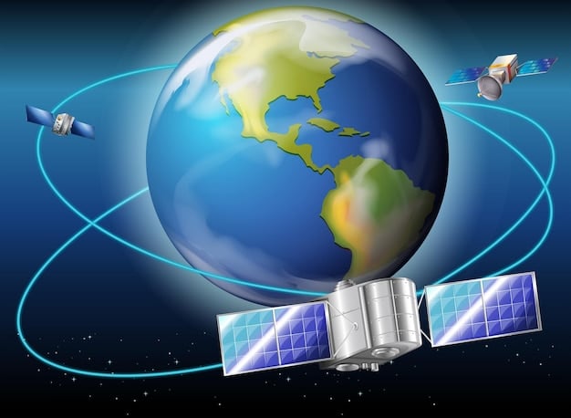 A satellite orbiting the Earth, showcasing its solar panels and communication antennas, with a backdrop of stars and the Earth's curvature.