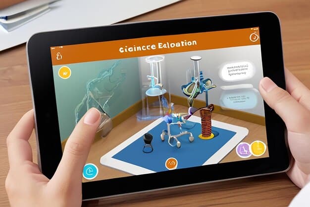 A teacher using an AR application on a tablet to teach a science lesson, with digital models of molecules overlaid on real-world objects. The setting is a typical classroom, emphasizing the practicality and integration of AR in daily teaching.