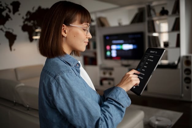 A person interacting with a smart home control panel on a tablet. The panel displays various controls for lighting, temperature, security system, and appliances. The setting is a modern living room with soft lighting and comfortable furniture.