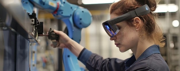 A close-up of a collaborative robot (cobot) working alongside a human worker in a manufacturing setting. The cobot is assisting with a delicate assembly task, showcasing the cooperation between humans and robots. The background includes various tools and equipment indicative of a modern factory environment.