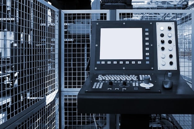 A control room in a manufacturing facility with large screens displaying real-time data and analytics on the performance of automated systems. Engineers are monitoring the screens and making adjustments as needed. The scene conveys a sense of control and optimization.