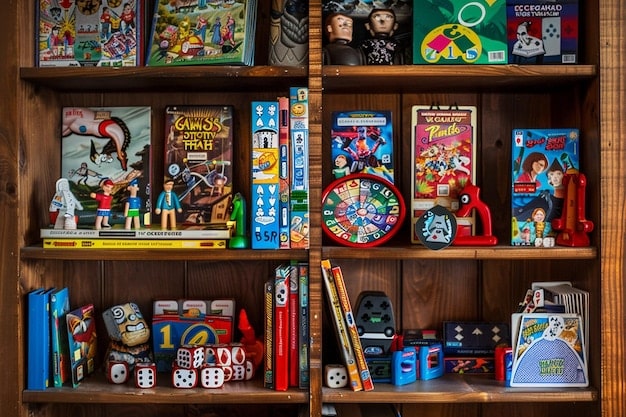 A wide variety of modern board games displayed on shelves in a board game cafe. The games have colorful boxes and intricate artwork, showcasing the diversity of the hobby.