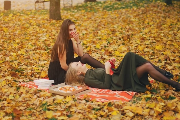 Two people sitting on a park bench, holding hands and reading books together. The scene is set in a park with colorful autumn foliage, creating a romantic and peaceful atmosphere.