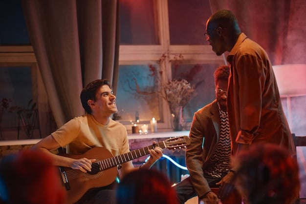 A local band playing in a cozy music venue, bathed in warm stage lighting. The atmosphere is intimate, with the audience close to the stage, creating a sense of connection between the musicians and the fans. The focus is on the unique, shared experience of live local music.