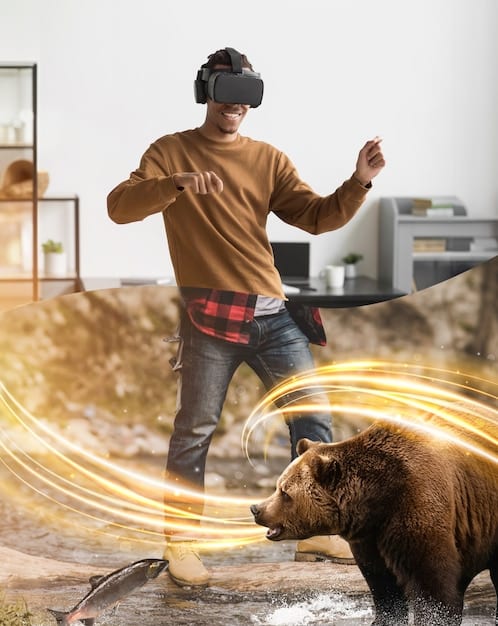 A person wearing a VR headset and reaching out towards a holographic image of a musician performing on a futuristic stage, surrounded by swirling digital effects and abstract visualizers, conveying a sense of being 