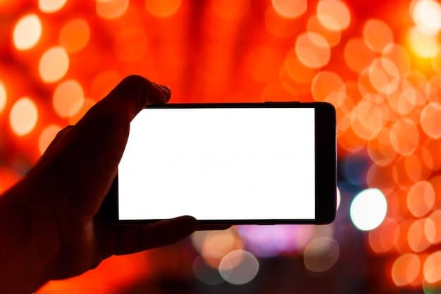 A close-up shot of a concertgoer holding up a smartphone, the screen displaying an AR overlay of the stage, with additional information and interactive elements augmenting the live performance, showcasing the integration of technology and live music.
