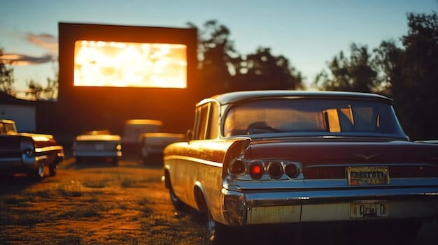 A side view of a classic car parked at a drive-in movie theater. The car is a vintage convertible, and two silhouetted figures are visible inside, looking toward the large movie screen in the distance. The surrounding area is dark, emphasizing the light emanating from the screen, which shows a colorful scene from a film. The overall atmosphere is nostalgic and romantic.