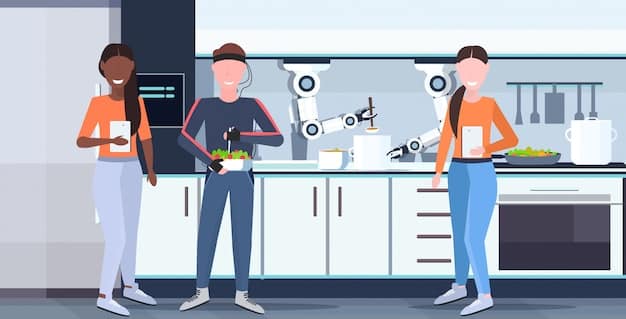 A high-tech commercial kitchen featuring robotic arms assisting chefs with various food preparation tasks. The scene is brightly lit and emphasizes the integration of technology into the culinary process.