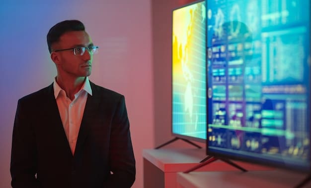 A network security analyst monitoring election-related cyber threats on a large screen displaying real-time data visualizations of potential attacks and vulnerabilities.