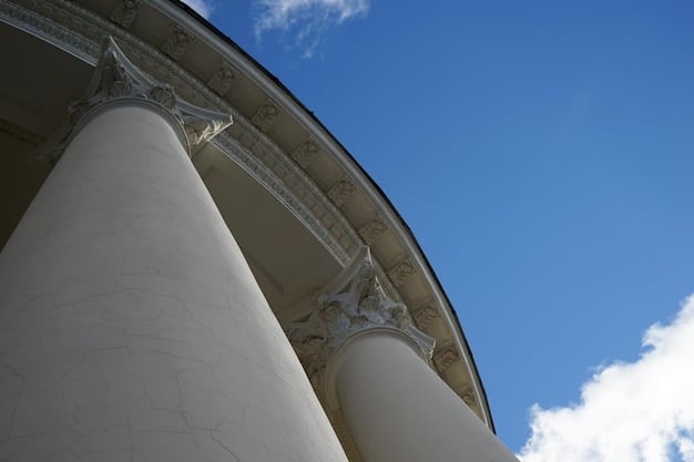 A close-up of the Supreme Court building facade, emphasizing the pillars and architectural details, with a subtle filter to convey seriousness and authority.