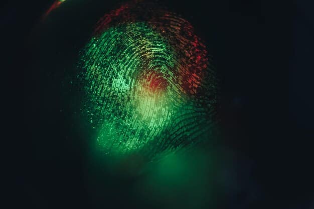 An abstract image featuring a digital fingerprint interacting with a world map, symbolizing global cybersecurity and the protection of digital identities. Colors used are predominantly blue and green.