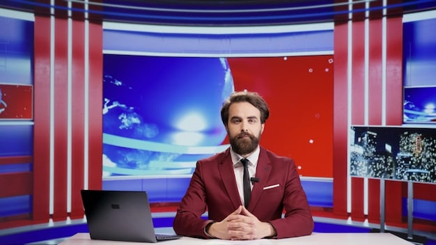 A news broadcast scene featuring a president giving a speech with chyrons displaying fluctuating approval ratings, highlighting the media's role in shaping public perception.