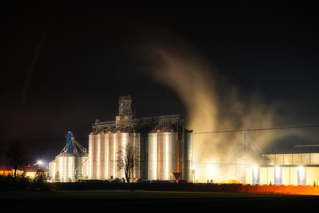A factory with idle machinery, dust visible in the air, under a dimly lit warehouse. The scene suggests economic stagnation and the negative impact of long-term sanctions on domestic industries.