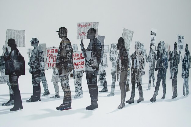 A split-screen image showing two groups of protesters with opposing viewpoints, separated by a police barricade. The image emphasizes the deep political polarization in American society and the lack of common ground.