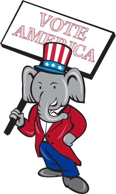 A black and white caricature of an elephant (representing the Republican Party) and a donkey (representing the Democratic Party) blocking a smaller animal (representing a third-party) from entering a door labeled 