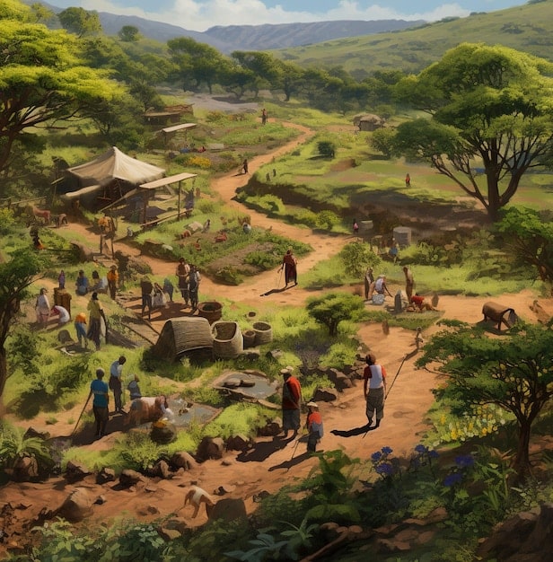 A scene depicting a US-sponsored development project in a developing country, possibly in Africa or Asia. The project could be related to education, healthcare, or infrastructure. Local people are shown working alongside US personnel, symbolizing cooperation and progress.
