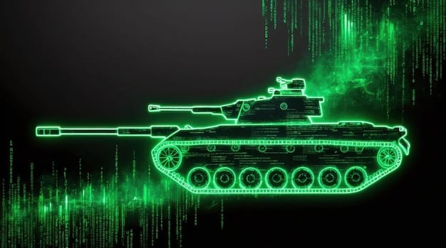 An illustration contrasting traditional warfare (tanks, soldiers) with modern cyber warfare (digital interfaces, code), emphasizing the shift in security priorities.