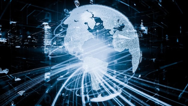 A symbolic image of interconnected global networks, showing data flows and secure connections, representing international collaboration and digital security.