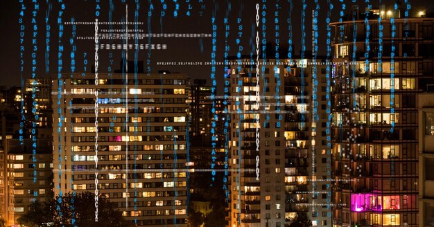 An image showing a city skyline at night with digital code overlayed, representing the vulnerability of urban infrastructure to cyber threats.